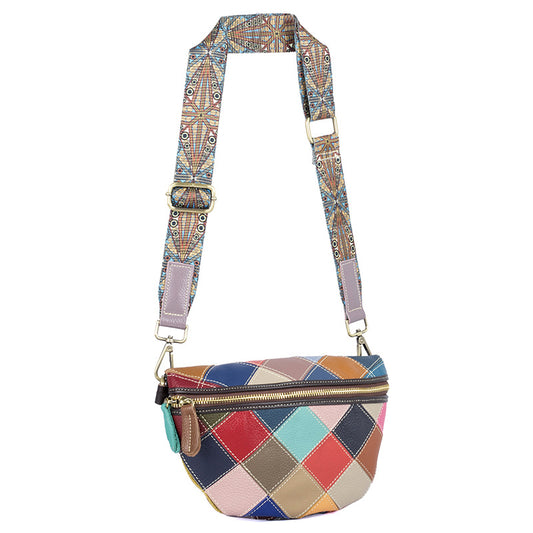 Genuine Top Layer Cowhide Colorful Patchwork Bag for Women, New Wide Strap Shell Crossbody Shoulder Purse, Trendy Dumpling Handbag for Ladies
