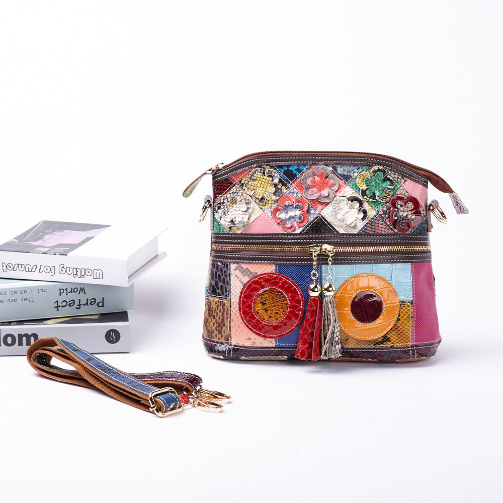 Snakeskin Colorful Tassel Floral Genuine Leather Bag, Unique Underarm Shoulder Crossbody Purse, Versatile Handbag for Women