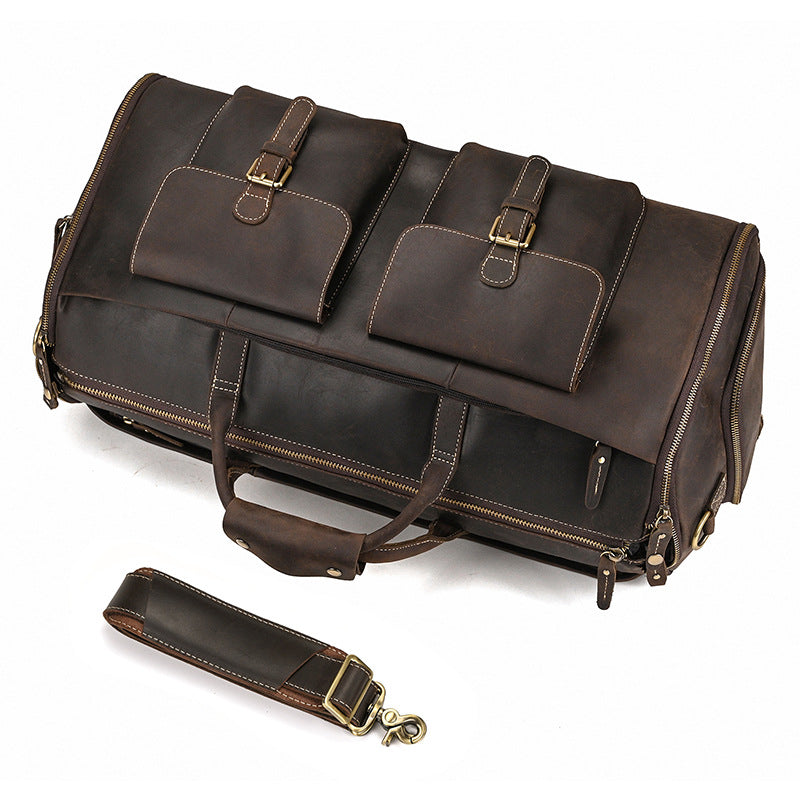 Multifunctional Crazy Horse Leather Travel Duffle, Foldable Suit Garment Bag with Wet-Dry Separation, Premium Gym Weekender for Men