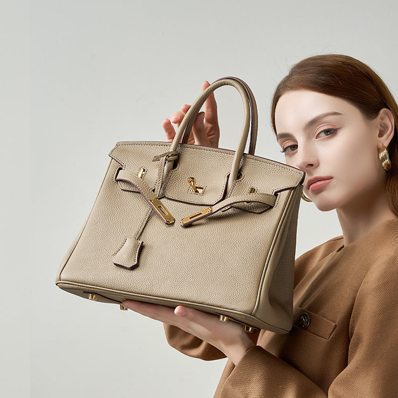 Premium Top-Layer Cowhide Leather Birkin-Inspired Tote Bag for Women, Waxed Thread Stitching with Pebbled Texture, Spacious Commuter Top-Handle Handbag for Work & Everyday Use