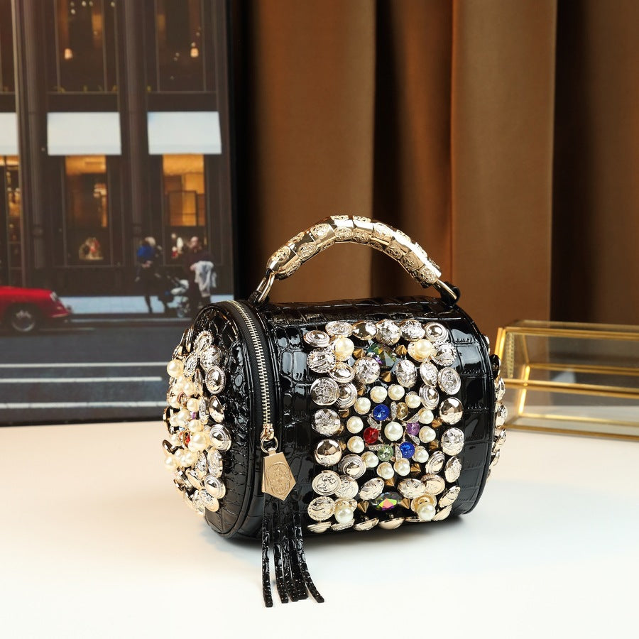 Handmade Beaded Stud Cylinder Bag for Women Shoulder Crossbody Handbag, Personality Fashion Purse with Unique Embellished Design