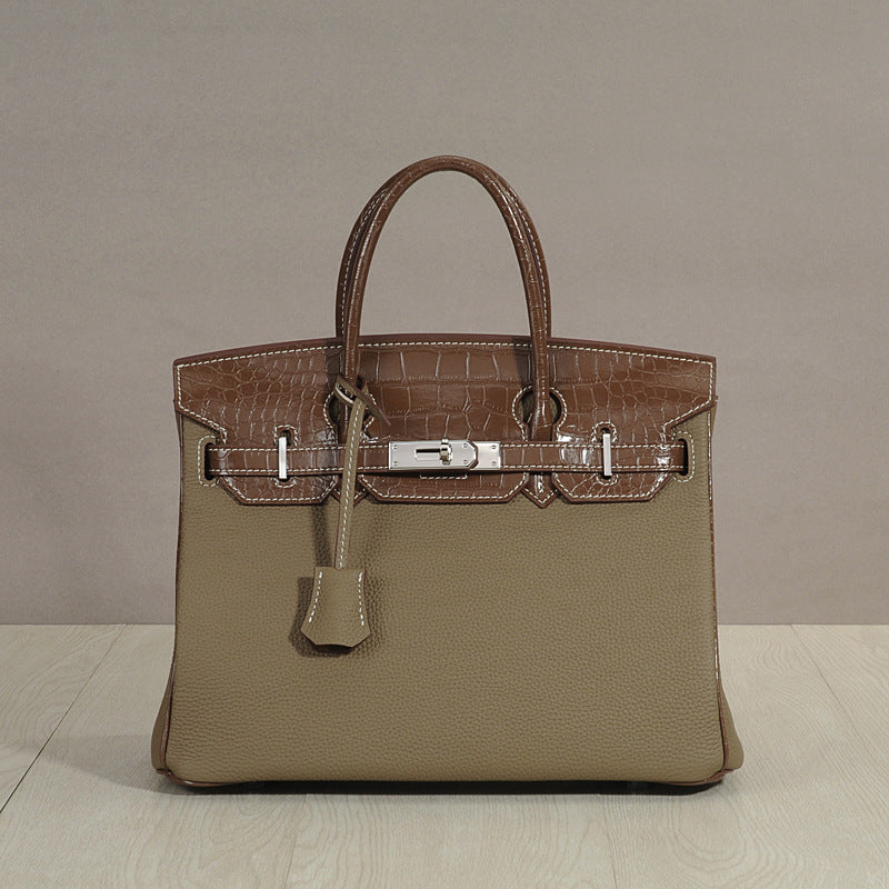 Genuine Top Layer Cowhide Patchwork Handbag for Women, New Pebbled & Crocodile-Embossed Crossbody Top Handle Purse, Trendy Leather Bag for Ladies