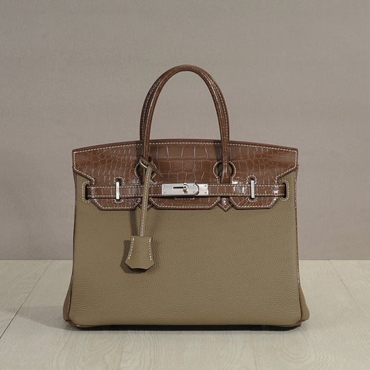 Genuine Top Layer Cowhide Patchwork Handbag for Women, New Pebbled & Crocodile-Embossed Crossbody Top Handle Purse, Trendy Leather Bag for Ladies