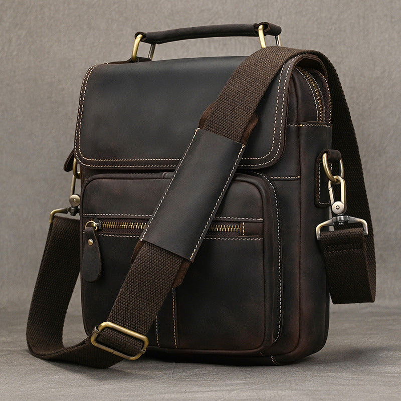 Crazy Horse Leather Vertical Crossbody Shoulder Bag, Top Layer Cowhide Outdoor Pouch with Top Handle for Men