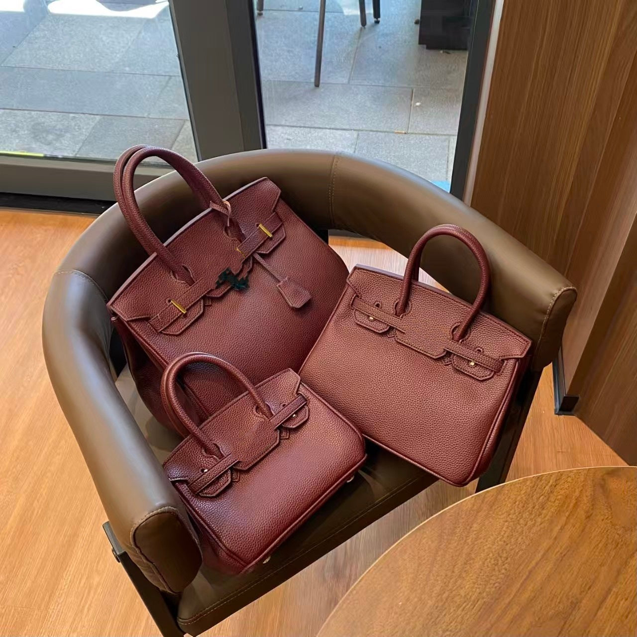 Genuine Togo Top Layer Cowhide Birkin-Style Bag with Waxed Thread Stitching, Full Steel Hardware Lock Top Handle Handmade Purse, Premium Leather Bag for Ladies
