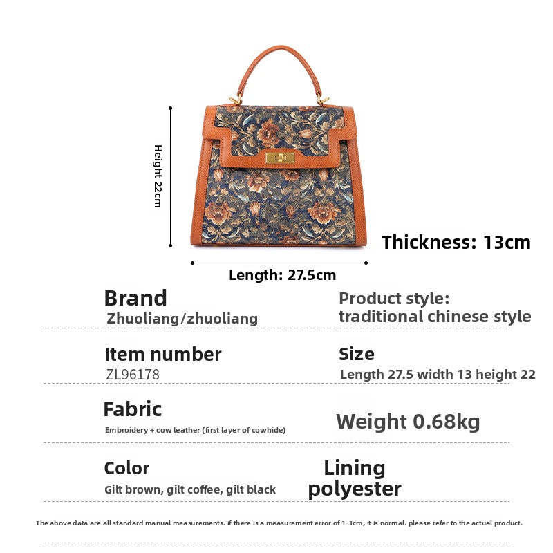 Genuine Leather Floral Embroidered Kelly-Style Bag for Women, Vintage Patchwork Top Handle Shoulder Crossbody Purse, Elegant Commute Handbag for Ladies