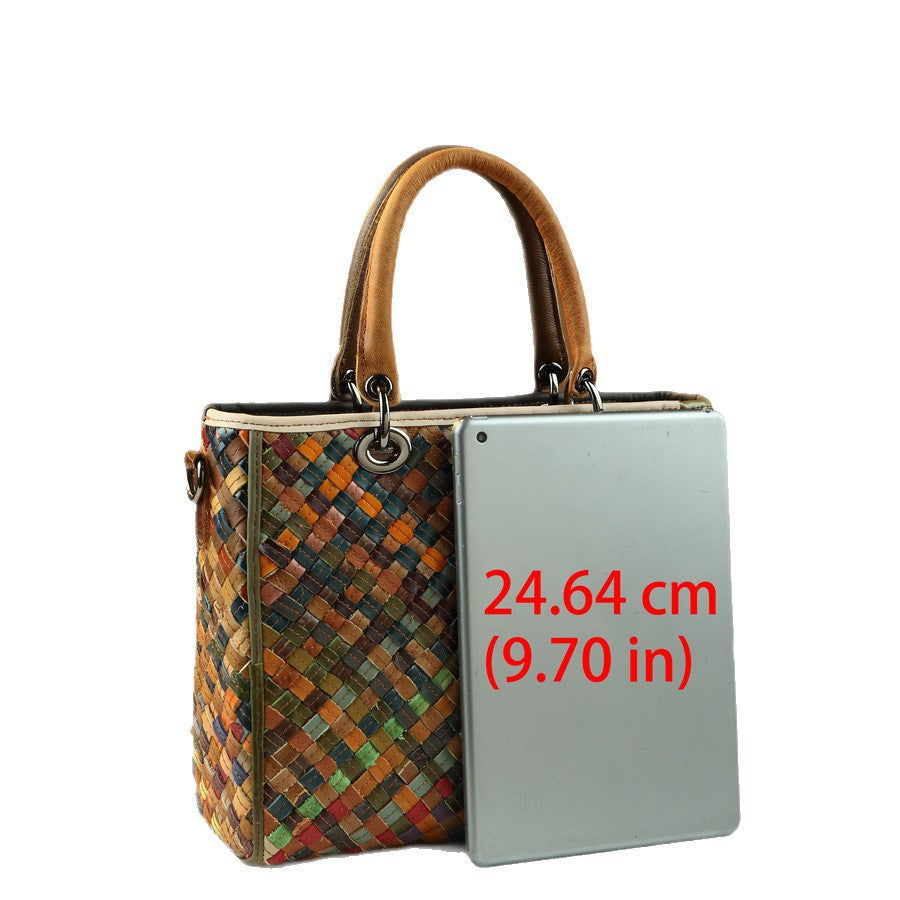 Genuine Leather Woven Square Bag for Women Vintage Style Large Capacity Top Handle Shoulder Crossbody Purse with Artisan Craftsmanship