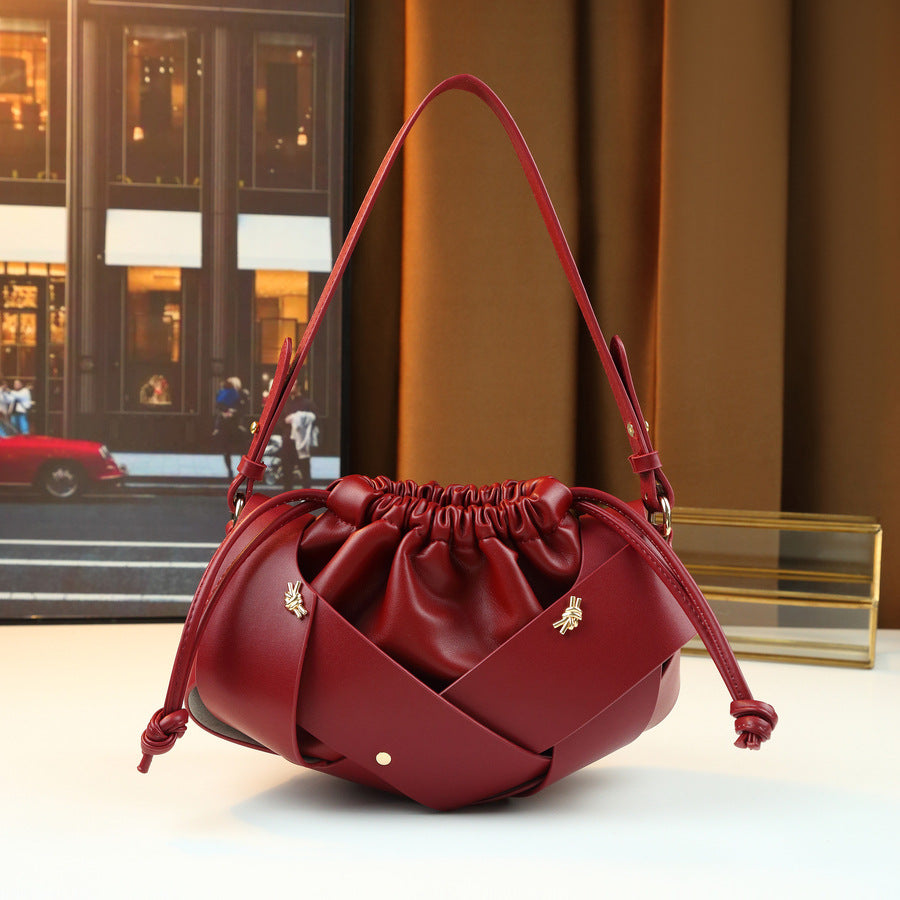 Drawstring Woven Bucket Cloud Bag for Women Light Luxury Shoulder Crossbody Handbag, Pleated Purse with Multi-Color Versatile Design