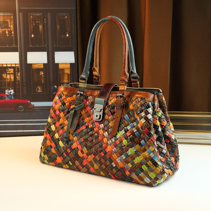 New Arrival Handcrafted Genuine Leather Bag for Women, A Unique Spliced Woven Shoulder Crossbody Handbag with Trendy Premium Design