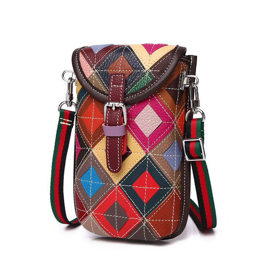 Genuine Cowhide Colorful Diamond Quilted Patchwork Bag for Women, New Flap Shoulder Crossbody Small Purse, Trendy Handbag for Ladies