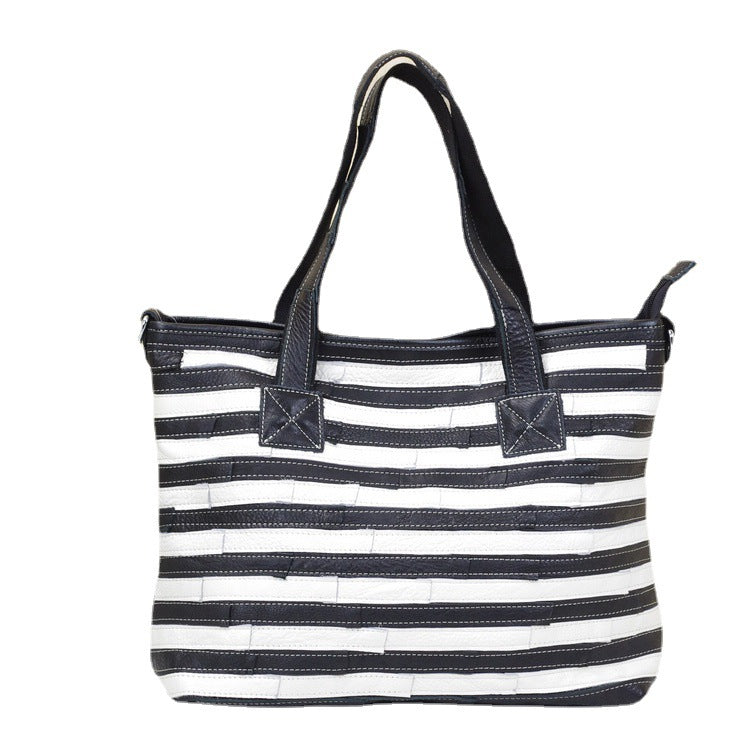 Genuine Top Layer Cowhide Color Block Striped Handbag for Women, New Arrival Fashionable Shoulder Purse, Trendy Casual Bag for Ladies