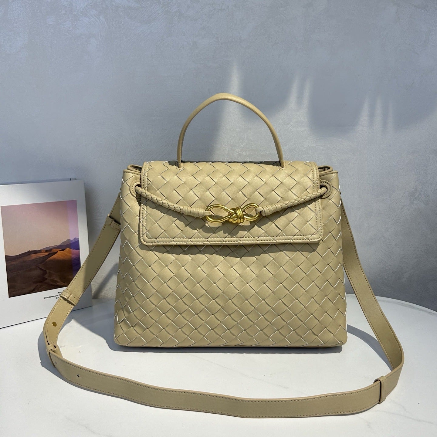 Genuine Leather Woven Tote with Butterfly Gold Buckle Flap, Large Commuter Shoulder & Crossbody Bag for Women