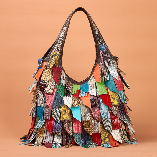 Genuine Leather Colorful Tassel Handbag for Women, Patchwork Design Crossbody Shoulder Bag, Trendy Fringe Tote Purse for Ladies