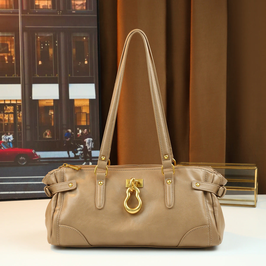 Vintage Metal Gourd Charm Baguette Bag for Women Large Capacity Top Handle Shoulder Pillow Purse with Unique Hardware Accent