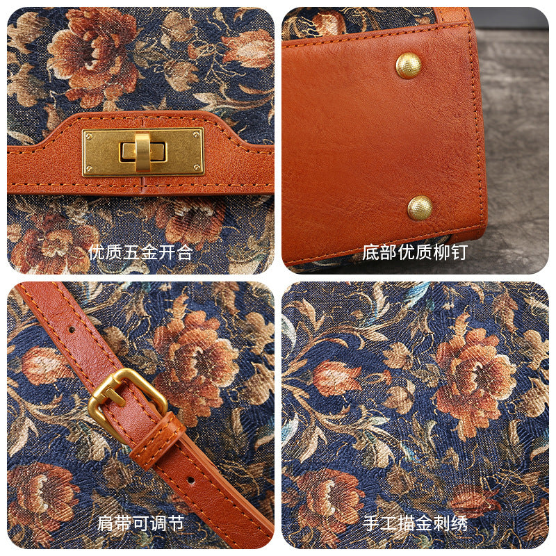 Genuine Leather Floral Embroidered Kelly-Style Bag for Women, Vintage Patchwork Top Handle Shoulder Crossbody Purse, Elegant Commute Handbag for Ladies