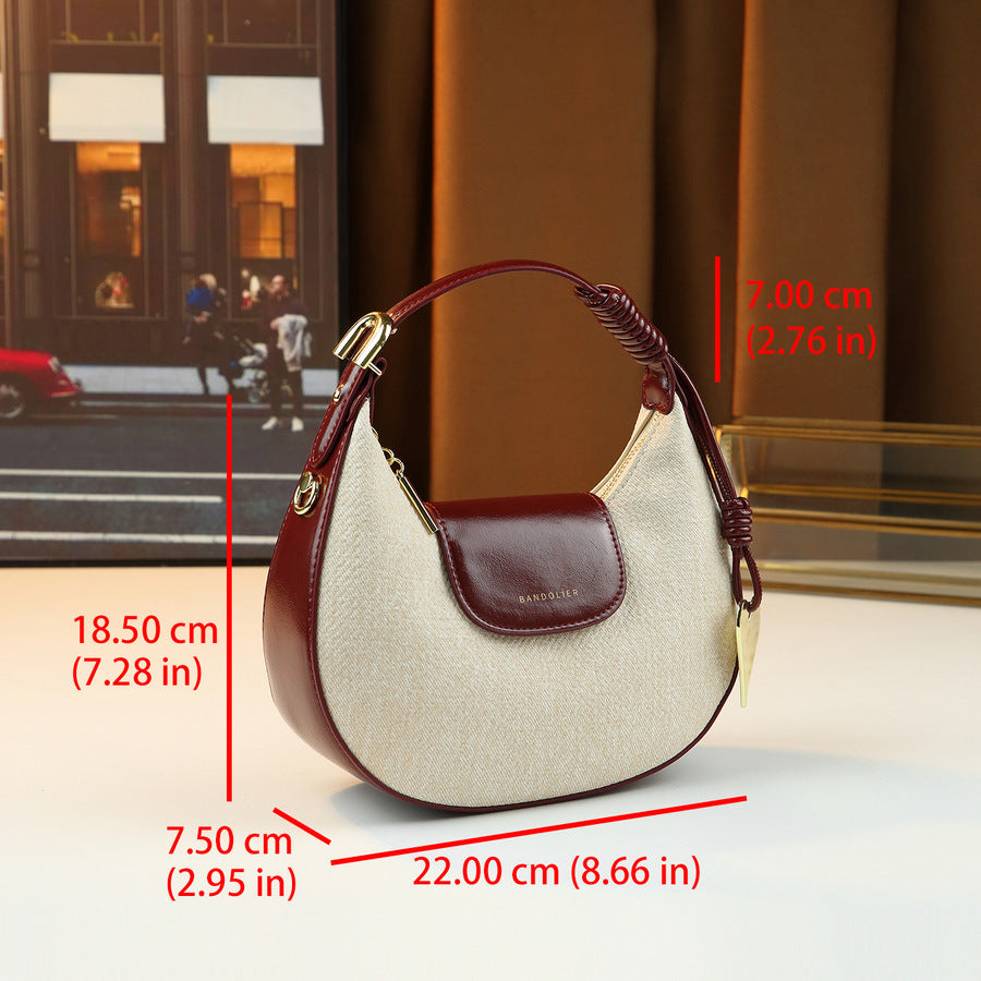 Color-Block Crescent Bag for Women Fall Winter Light Luxury Top Handle Shoulder Crossbody Purse, High-Quality Versatile Going-Out Handbag with Chic Contrast Design