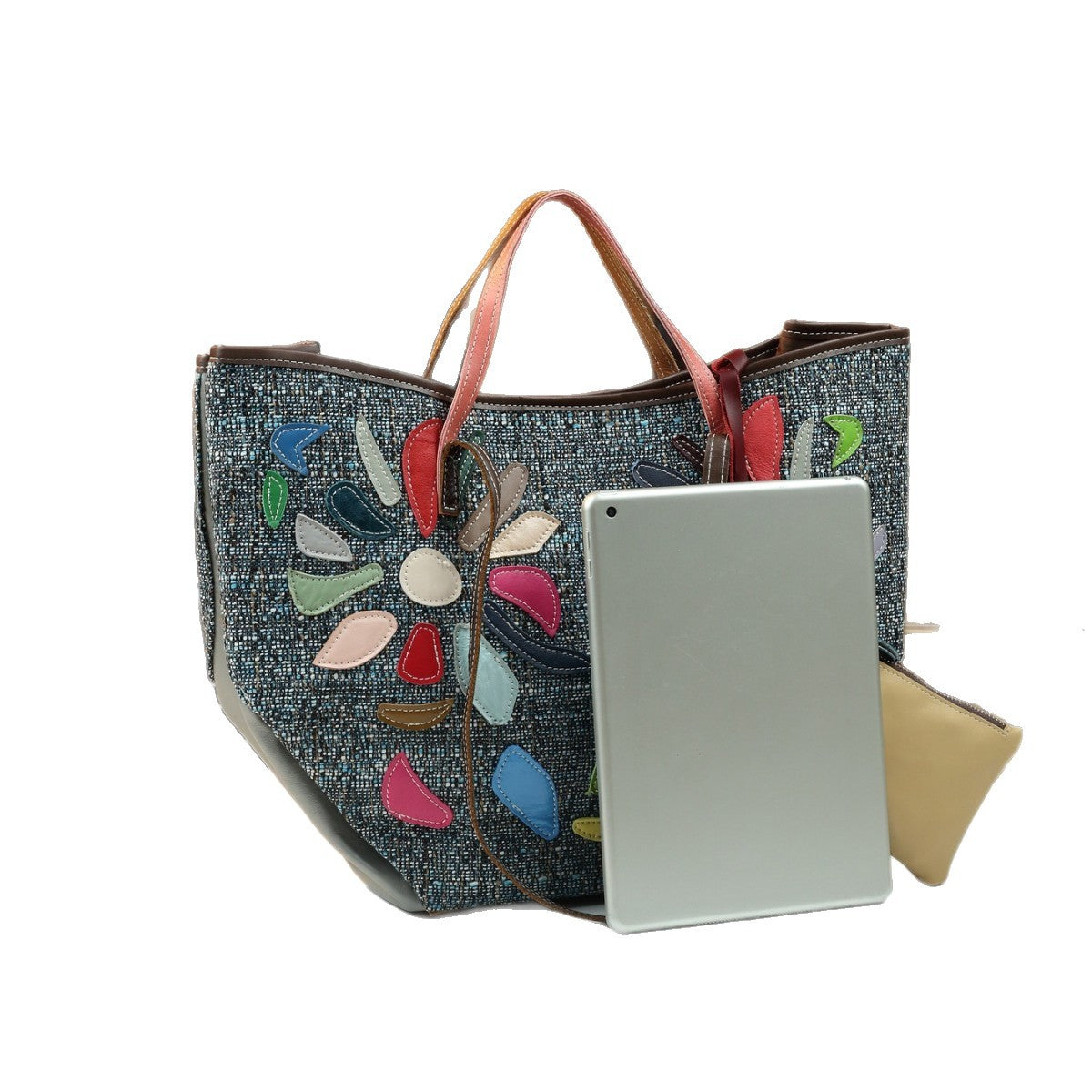 Genuine Leather Patchwork Bucket Bag for Women Irregular Design Shoulder Handbag, European Fashion Purse with Artistic Style