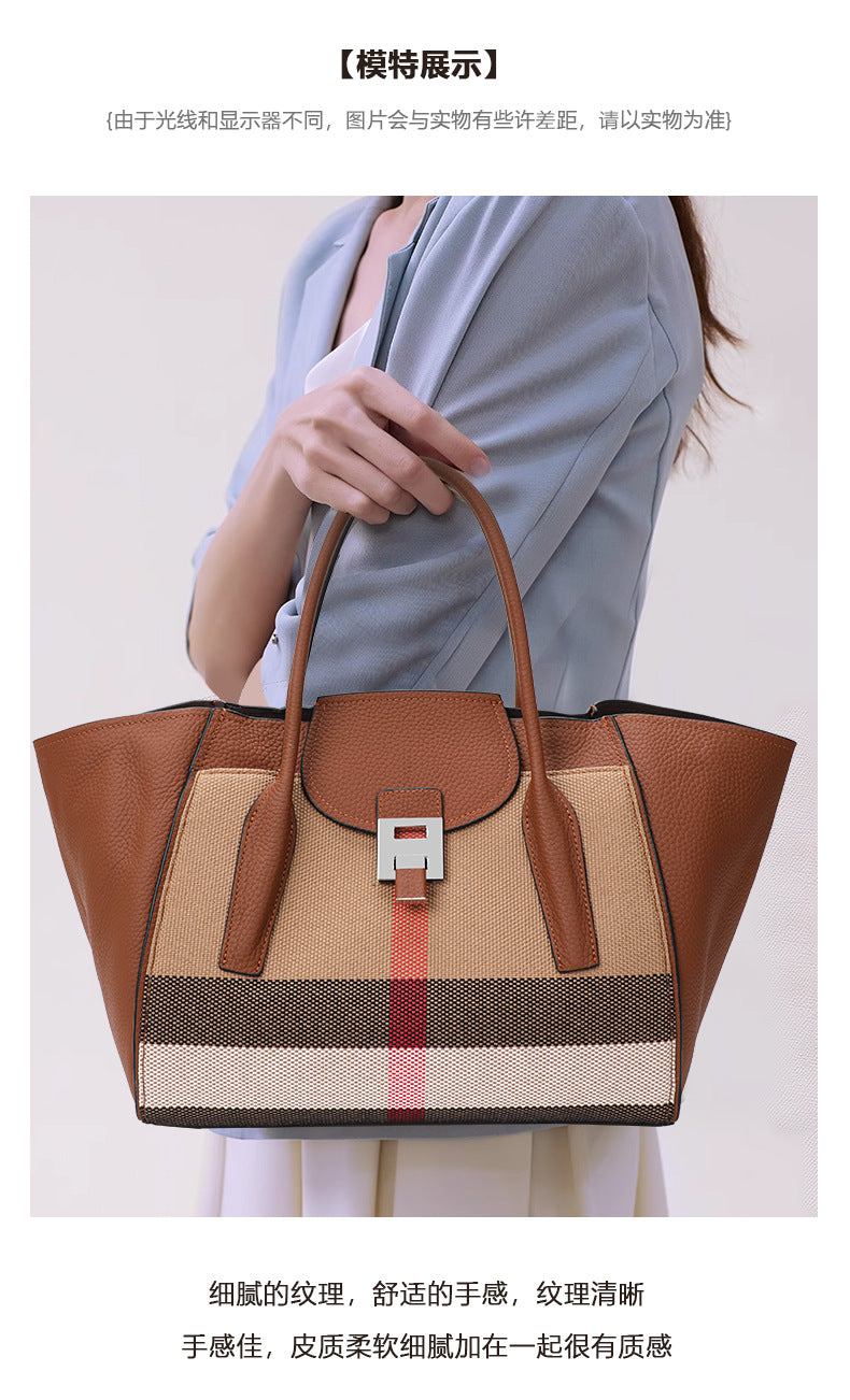 New Plaid Wing Tote Bag in Genuine Cowhide, Large Capacity Fashionable Top Handle Shoulder Handbag, Trendy Leather Purse for Women