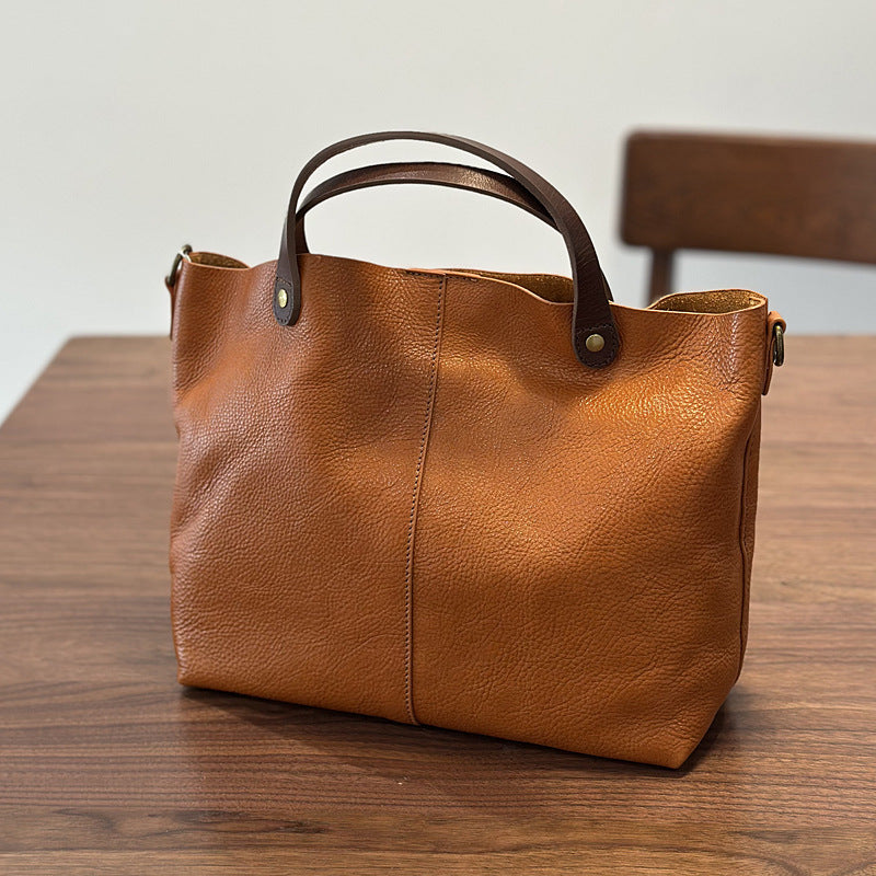 Genuine Vegetable-Tanned Cowhide Bag for Women, New Spring Summer Top Handle Shoulder Crossbody Purse, Vintage Lock Buckle Handbag for Ladies