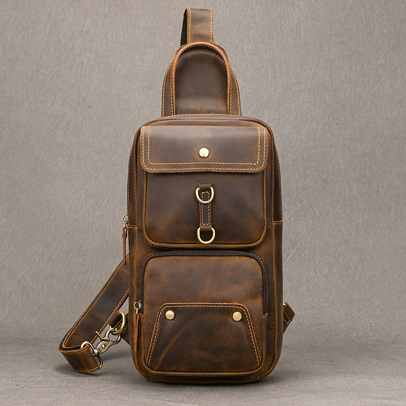 Large Capacity Crazy Horse Leather Chest Bag, Casual Crossbody Shoulder Pouch, Cowhide Bag Fits iPad for Men