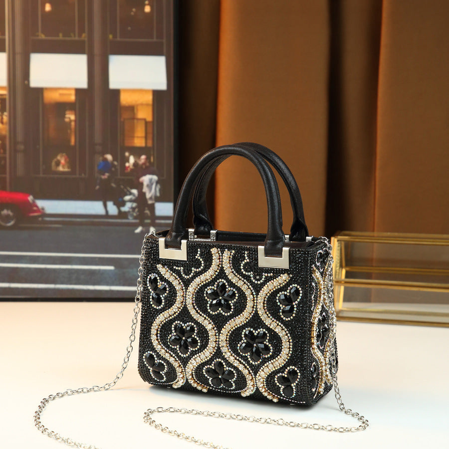 Rhinestone Floral Mini Square Bag for Women Black-Gold Evening Shoulder Crossbody Handbag, Heavy Crystal Embellished Purse with Glamorous Light Luxury Design