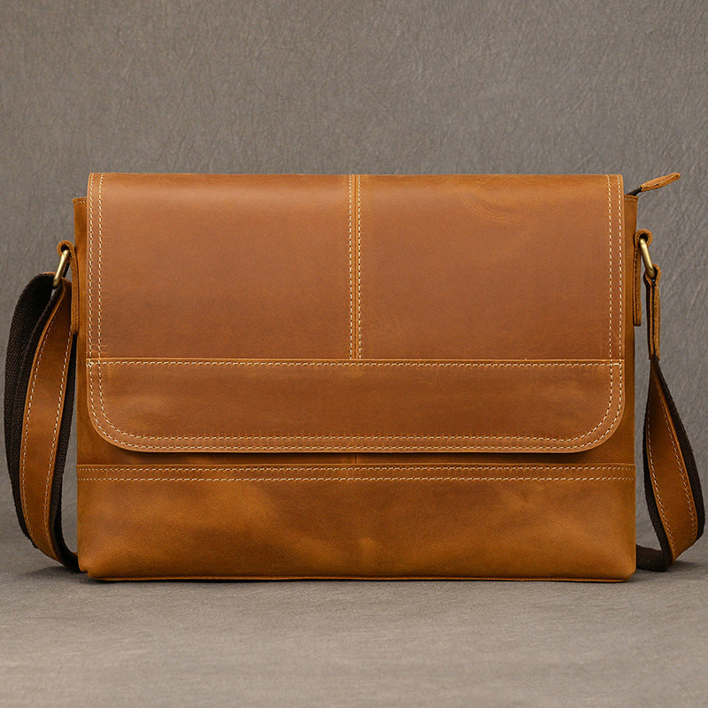 Genuine Crazy Horse Leather Laptop Crossbody Bag for Men, Vintage Fashionable Shoulder Bag, Top Layer Cowhide Casual Work Bag for Gentlemen