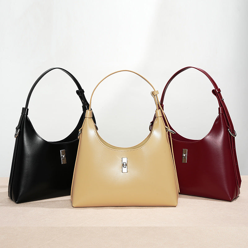 New Vintage Baguette Underarm Tote in Genuine Cowhide, Premium Shoulder Crossbody Top Handle Purse, Versatile Handbag for Women