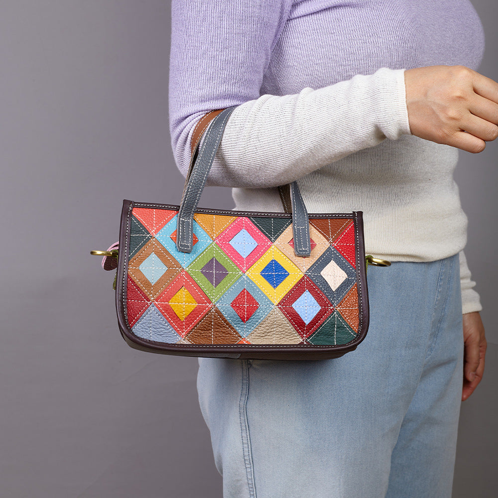 Genuine Cowhide Colorful Diamond Quilted Handbag for Women, New Arrival Fashionable Top Handle Shoulder Purse, Casual Versatile Everyday Bag for Ladies