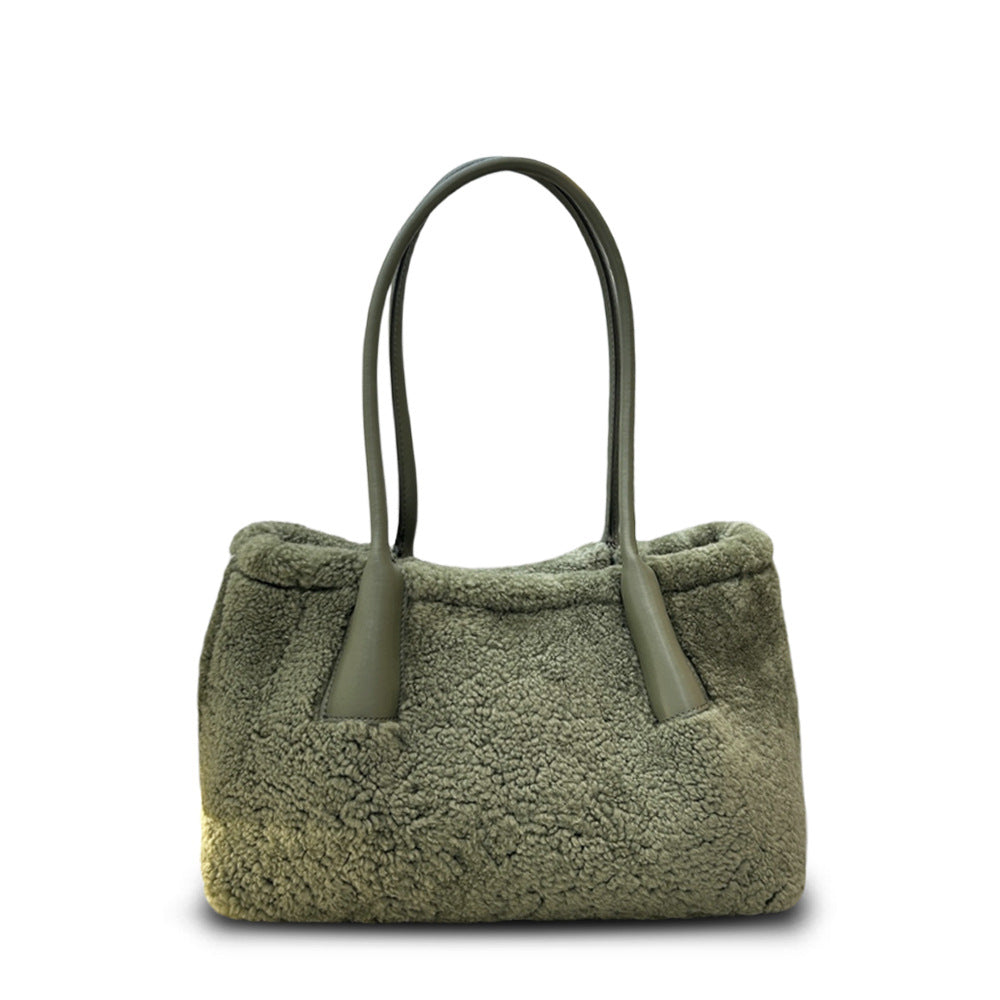 New Fall/Winter Lamb Wool Shoulder Tote, Large High-End Stylish Commuter Bag for Women
