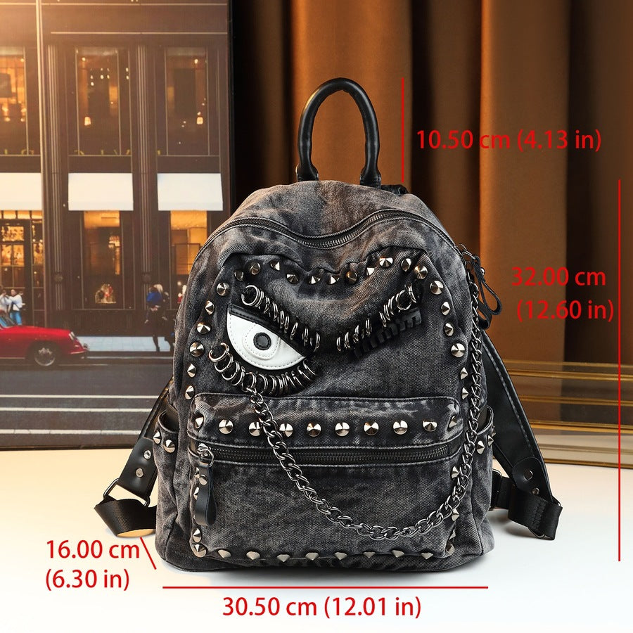 Denim Eye Rivet Backpack for Women Large Capacity Casual Shoulder Handbag, Trendy Chain Accent Purse with Edgy Personality Style
