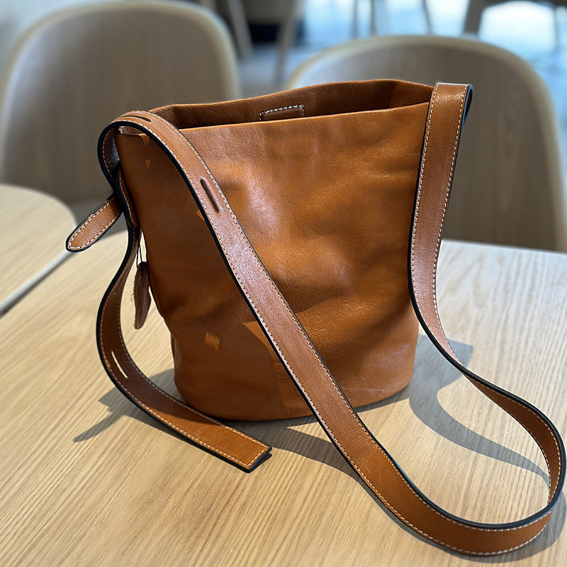 Genuine Top Layer Cowhide Bucket Bag for Women, New Korean Style Vintage Casual Shoulder Crossbody Underarm Purse, Versatile Everyday Handbag for Ladies
