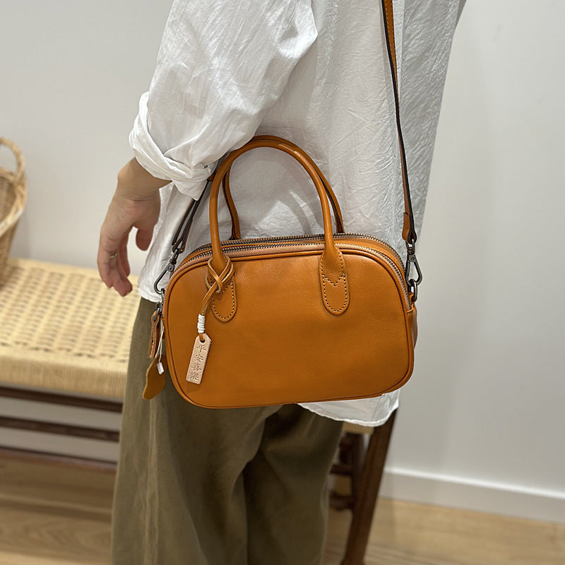 Genuine Top Layer Cowhide Handbag for Women, Fall Winter Academic Vintage Commute Shoulder Crossbody Bag, Minimalist Japanese Style Purse for Ladies