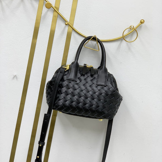 Genuine Leather Woven Boston Bag for Women, New Casual Shoulder Crossbody Top Handle Purse, Trendy Bowling Handbag for Ladies