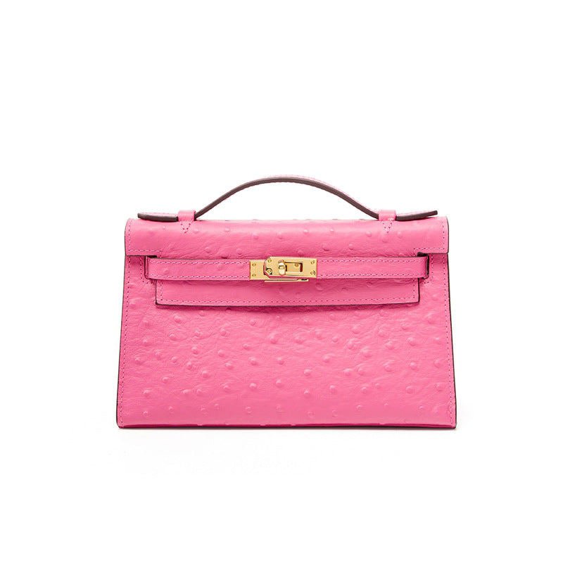 Ostrich-Embossed Kelly-Style Bag in Top Layer Cowhide, Premium Niche Design Shoulder Crossbody Top Handle Purse, Versatile Fashionable Handbag for Women