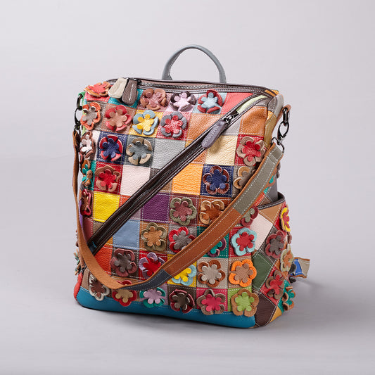 Genuine Top Layer Cowhide Vintage Color Block Patchwork Backpack, Large Capacity Travel School Daypack, Commute Bag for Men and Women, Casual Leather Rucksack