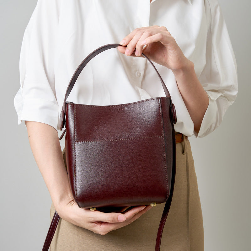 Genuine Cowhide Bucket Bag for Women, New Large Capacity Commute Shoulder Crossbody Purse, Premium Summer Leather Handbag for Ladies