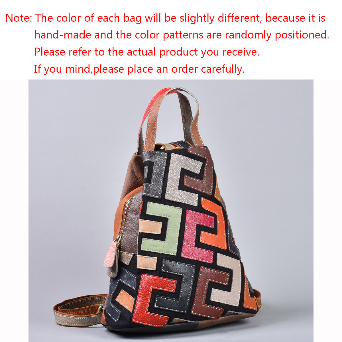 Genuine Top Layer Cowhide Geometric Patchwork Backpack for Women, Vintage Academic Casual Multifunctional Daypack, Versatile Leather Bag for Ladies