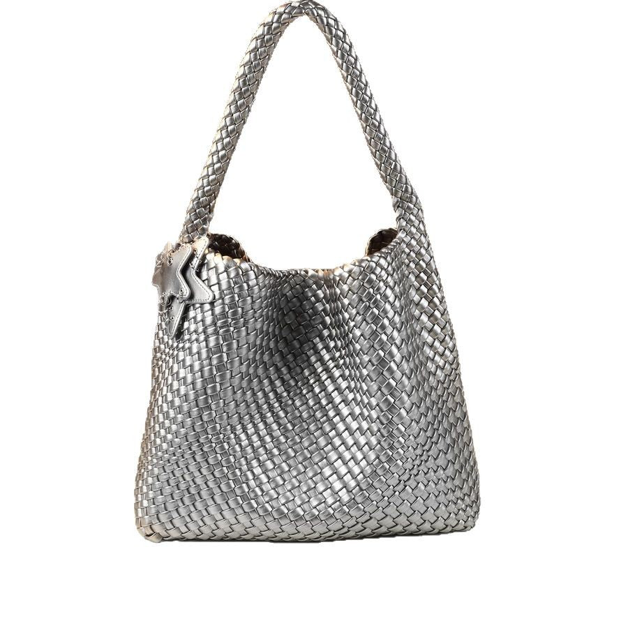 Woven Tote Bag for Women with Star Charm, Large Capacity Casual Commuter Shoulder Handbag, Trendy Purse with Playful Star Accent