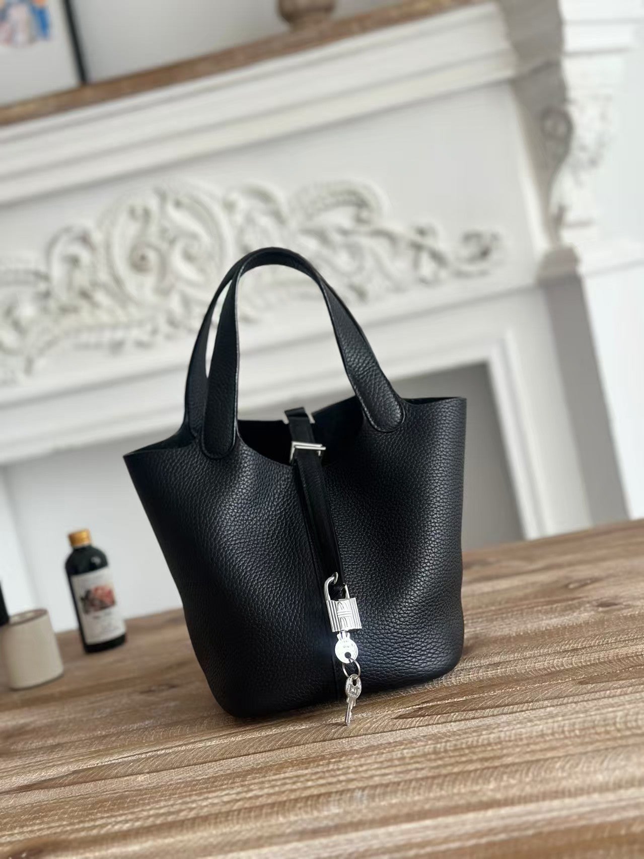 Genuine TC Cowhide 18cm Basket Bucket Bag for Women, Hermès-Style High-Quality Top Handle Handbag, New Premium Leather Purse for Ladies