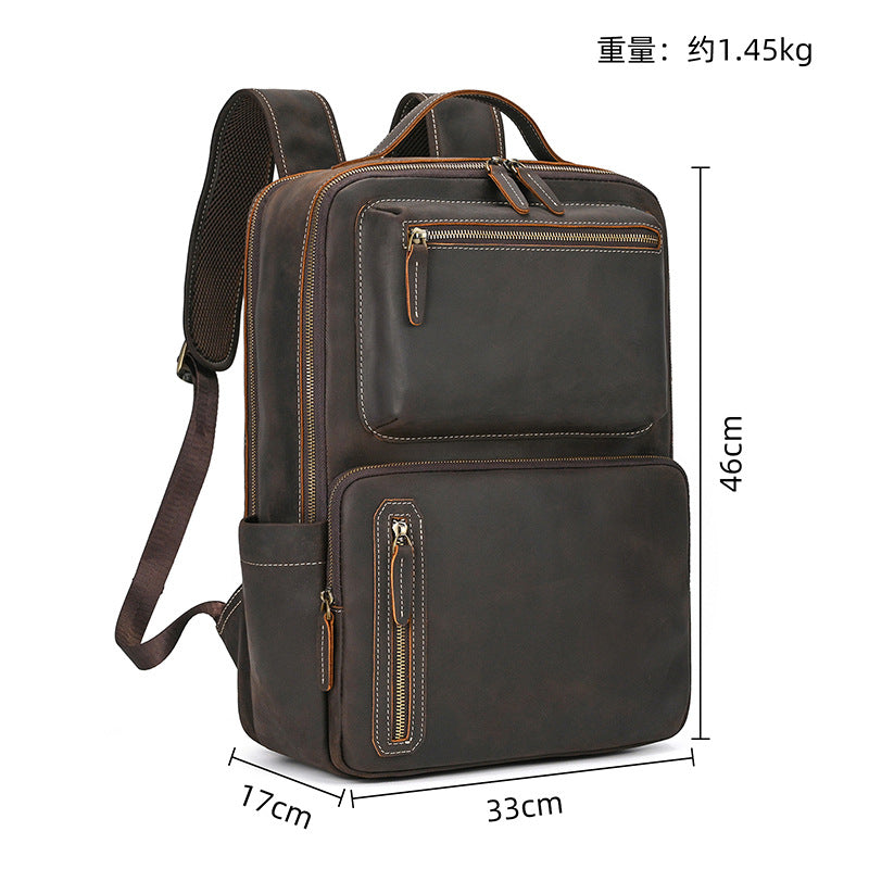 Men's Crazy Horse Leather Backpack Vintage Travel Daypack for Women Students, Genuine Leather Casual Rucksack Large Capacity