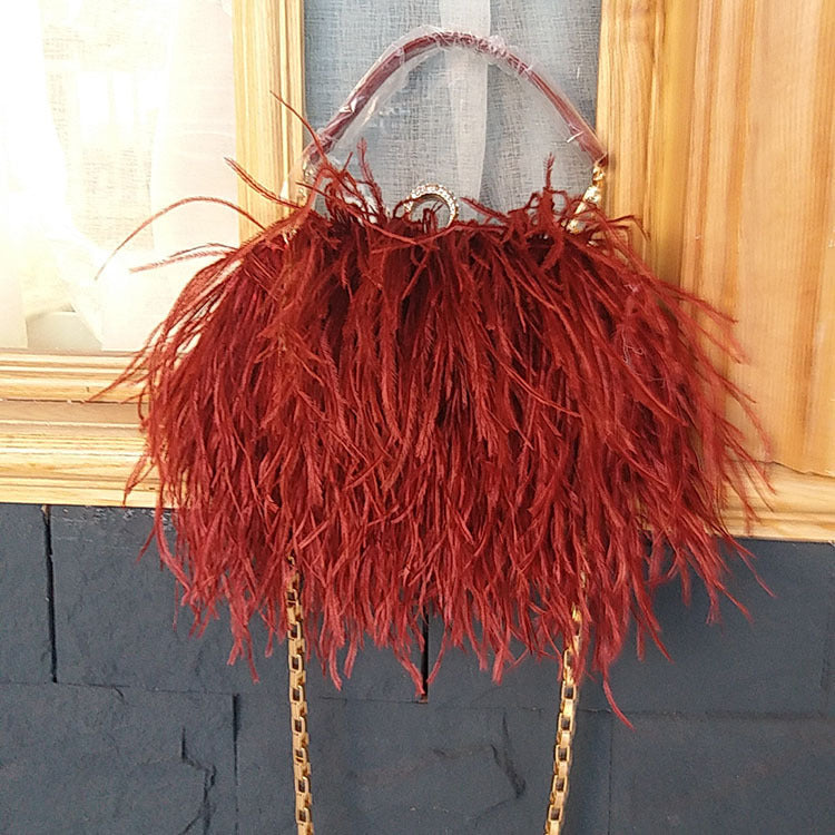 Genuine Ostrich Feather Handbag for Women, Trendy Chain Shoulder Top Handle Evening Purse, Fashionable Clutch Bag for Ladies
