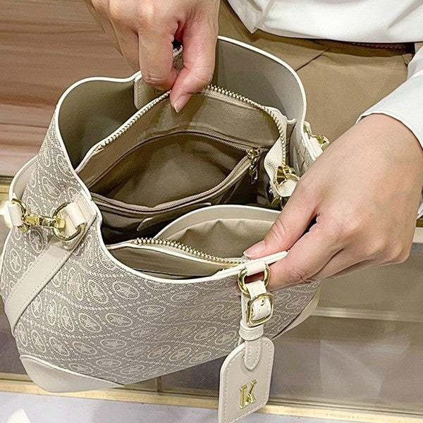 Genuine Leather Vintage Monogram Bucket Bag for Women, Light Luxury Classic Printed Shoulder Crossbody Top Handle Purse, Trendy Handbag for Ladies