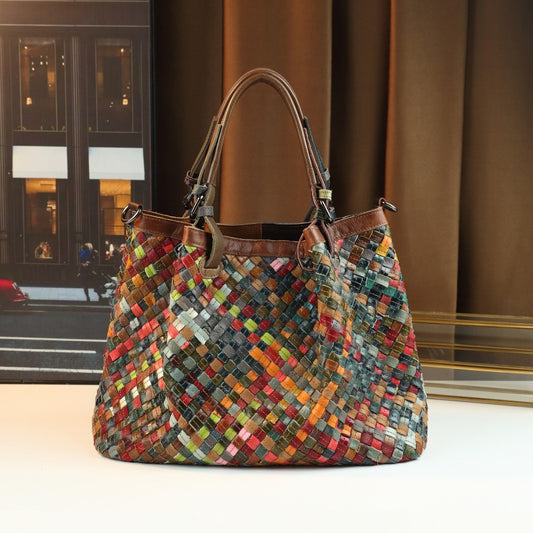 Genuine Leather Handwoven Colorful Patchwork Handbag for Women, Vintage Large Capacity Crossbody Purse, Casual Versatile Top Handle Shoulder Bag