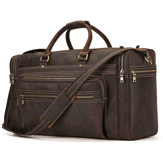 Oversized 24-Inch Vintage Crazy Horse Leather Travel Duffle, Large Capacity Top Layer Cowhide Luggage Bag, Premium Weekender for Men