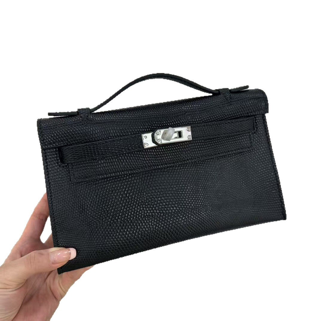Genuine Lizard-Embossed Cowhide Mini Kelly-Style Bag for Women, Hermès-Inspired Shoulder Crossbody Top Handle Purse, Light Luxury Everyday Handbag for Ladies