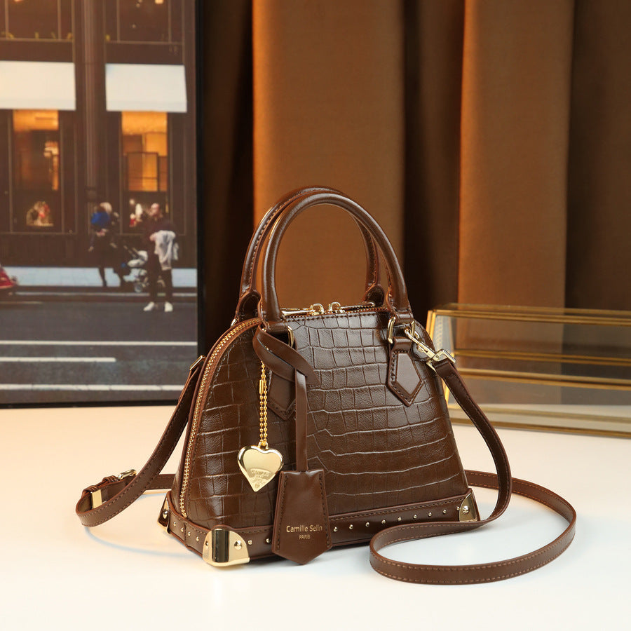 Chic French Style Croc-Effect Shell Bag for Women, A Light Luxury Structured Top-Handle Handbag with Metal Stud Details & Heart Charm, Versatile Shoulder Crossbody Purse