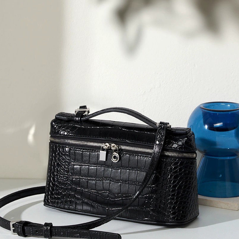 New Arrival Croc-Effect Genuine Leather Bento Box Bag for Women, A Premium Small Square Shoulder Crossbody Handbag with Fashionable Versatile Design