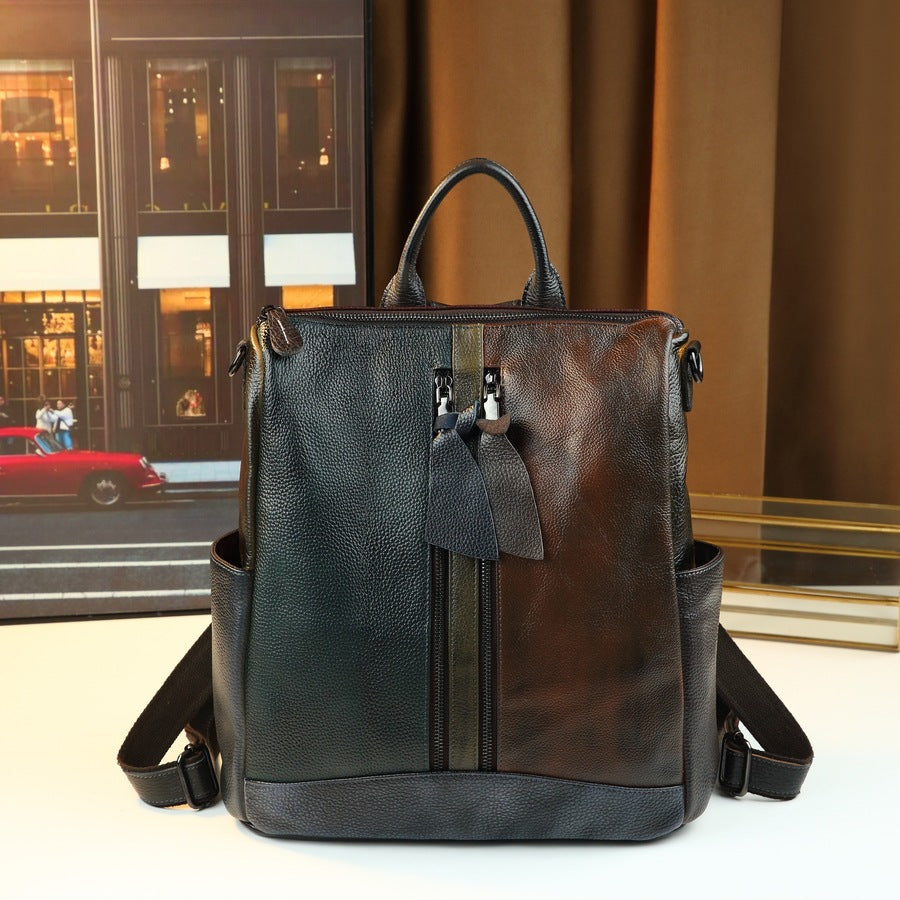 Color-Block Cowhide Backpack for Women Lightweight Travel Shoulder Handbag with Large Capacity and Versatile Casual Design