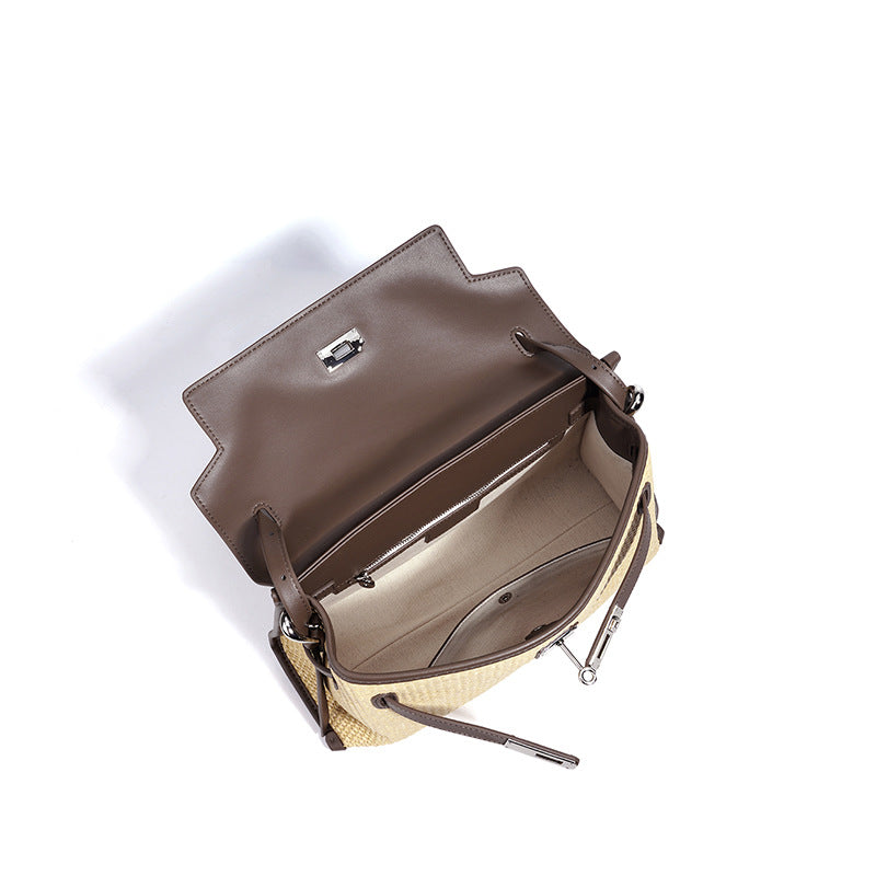 Straw Woven Kelly-Style Briefcase in Genuine Leather, Minimalist Large Capacity Shoulder Crossbody Bag, Versatile Commute Purse for Women