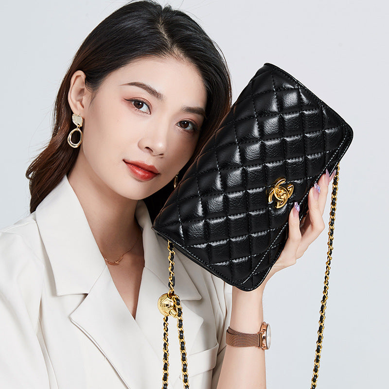 Luxurious Chanel-Style Quilted Small Square Bag for Women | Genuine Leather Cross-Body Shoulder Handbag with Signature Gold Ball Chain | New Spring/Summer Statement Purse with Timeless Diamond Stitching & Premium Finish | Trendy Everyday Accessory wi